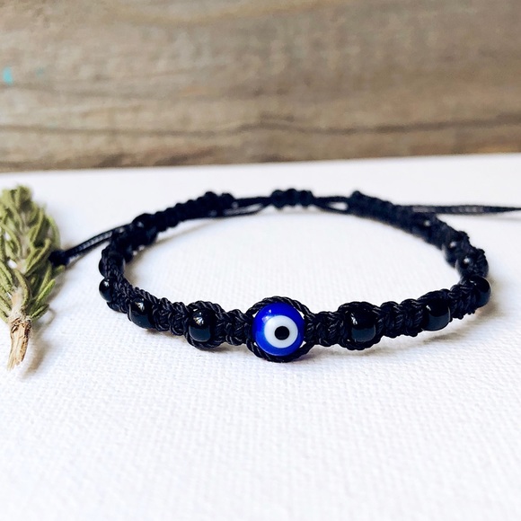 Handmade by me! Jewelry - Blue Turkish Evil Eye Black Nylon Beaded Bracelet